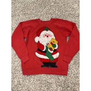 Christmas Sweater Girls 8 10 12 VTG Santa Lng Sleeve Red Holiday Sweatshirt Read